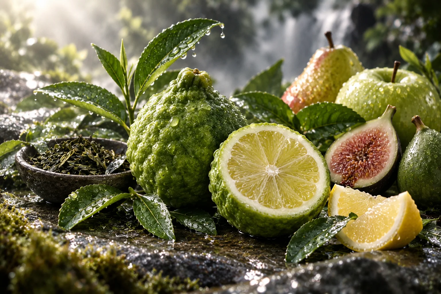 Bergamot, green tea, green fig and fresh fruit composition for PETRICHOR